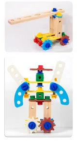 Wooden assembly toy detailed view showcasing colorful gears and nuts connected securely.
