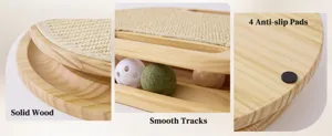 Wooden cat toy detail shot showing solid wood texture, smooth toy tracks and anti-slip pads.