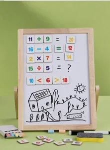 Wooden magnetic double-sided drawing board educational toy detail view with math tiles