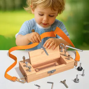 Montessori wooden tool box toy for kids, screw assembly early educational toy with tools.