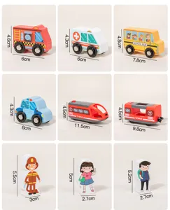 Wooden city track vehicle and character building blocks set with detailed sizes for kids toys.