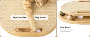 Wooden cat scratching board detail showing dual tracks and interactive rolling balls.