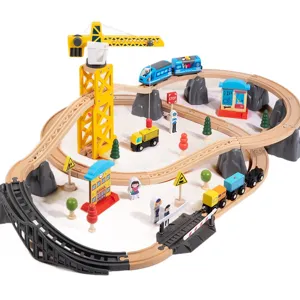 Wooden train track toy set with crane, building models and cars for kids educational play