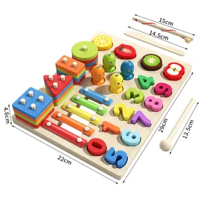 Wooden Montessori educational toy detail showing numbers, shapes, and colorful xylophone blocks.
