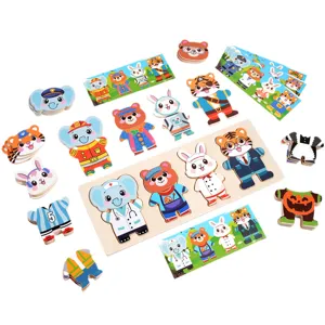 Wooden animal dress-up puzzle toy for kids, early educational learning puzzle board.