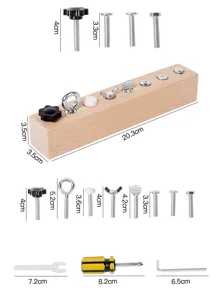 Wooden screw toy detail showing various bolts, nuts, screwdriver, and dimension measurements.