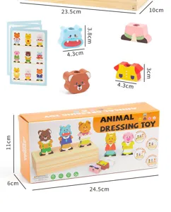 Wooden animal dressing puzzle toy detail showing dimensions, parts, box and instruction card.