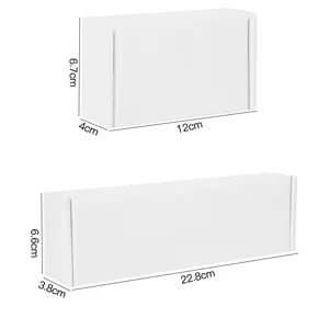 White rectangular storage box display shelf detail view showing precise product dimensions.