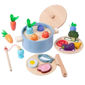 Wooden kitchen toy set kids pretend play cooking pot fishing cutting vegetables toys