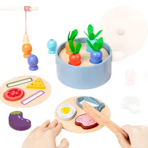 Kids wooden kitchen toy set with pull carrots fishing and cutting food early education play