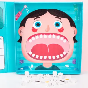 Wooden kids dentist pretend play toy set with magnetic teeth for early education learning.