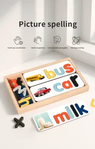 Wooden word spelling learning toy set for kids, alphabet flashcards with storage box.