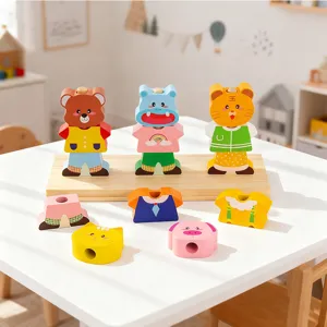 Wooden animal dress up puzzle toys for kids, montessori educational matching set.