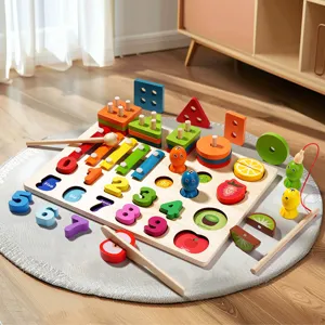 Wooden Montessori early education toy with numbers, shapes, xylophone, and fishing game.