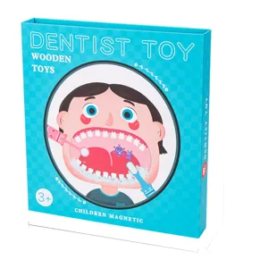 Wooden children dentist toy simulation set front box packaging main view for role play.
