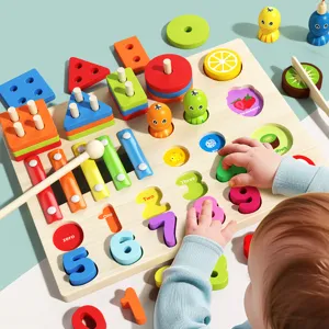 Montessori wooden educational toy for kids, shape sorter, number blocks, xylophone and puzzle.