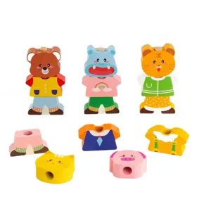 Children wooden animal dress up puzzle educational toy kids early learning blocks