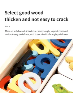 Wooden alphabet spelling toy set detail view, showing colorful solid wood letter blocks and cards.
