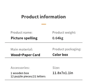 Wooden spelling game detail, includes 12 puzzle pieces, 21 letters, size 11.8x7x1.1in.