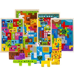 Enfants en bois 3D puzzle blocs ensemble de jouets éducatifs avec des jeux de plateau.