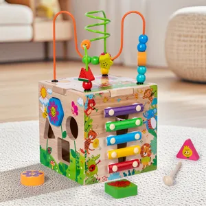 Giocattolo Educativo in Legno per Bambini Cubo Attività Labirinto di Perline Scatola da Gioco Multifunzionale Giocattolo Montessori