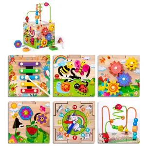 Cubo attività in legno per bambini, giocattolo educativo multifunzionale con labirinto di perline.