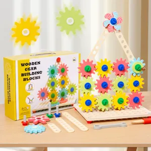Pädagogisches Holz Zahnrad Bausteine Set für Kinder, bunte Lernspielzeug mit Werkzeugen.