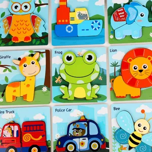Hölzernes 3D Cartoon Tier und Fahrzeug Puzzleset für Kinder Früherziehung und Lernspielzeug.