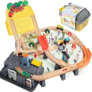 Children wooden train track toy set with electric train, bridge, and storage box for kids.