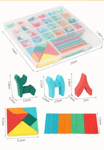 Details of kids educational toy set, featuring colorful counting sticks, tangram and blocks.