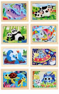 Wooden jigsaw puzzles set for kids, featuring 12 pieces cartoon animal and space themes.