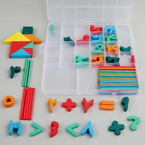 Kids educational math toy set with wooden numbers, counting sticks and tangram puzzle.