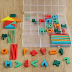 Kids math learning toy set with tangram, counting sticks, and Arabic numbers for early education.