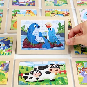 Kids wooden puzzle 12 pieces educational early learning toy animal design natural wood board