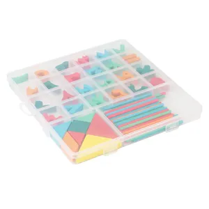 Kids math educational toy set with transparent storage box, tangram and colorful counting sticks.