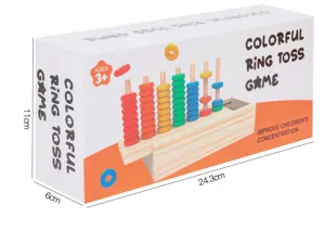Holz Ringwurf Spielzeug Details mit bunten Zählperlen und genauen Produktabmessungen.