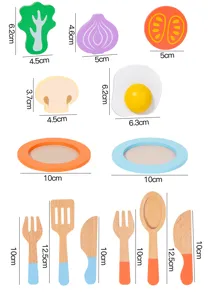 Vue detaillee du set de cuisine en bois avec dimensions claires pour les legumes et ustensiles.