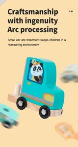 Detailed view of wooden magnetic toy car with cute panda driver, showcasing smooth arc design.