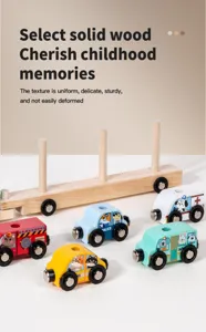 Detailed wooden magnetic car toy set, solid wood material, early education puzzle game for kids.