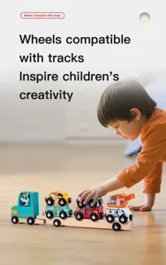 Wooden magnetic toy car set with animal blocks, compatible with tracks for kids learning.