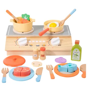Ensemble de cuisine jouet en bois pour enfants, cuisinière et accessoires.