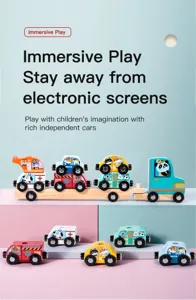 Children wooden magnetic car toy set, colorful animal vehicle early education puzzle game.