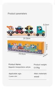 Wooden magnetic transport car toy set for kids, early education puzzle game with animal vehicle models.
