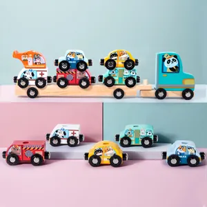 Wooden magnetic car toy set for kids, cute animal cartoon vehicle transport block gifts.