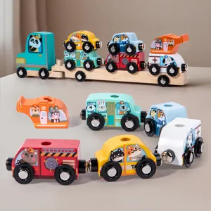 Wooden magnetic car toy set for kids, early educational cartoon vehicle puzzle toys.