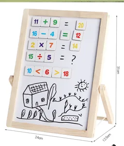 Children wooden magnetic double-sided drawing board educational math toy with stand.