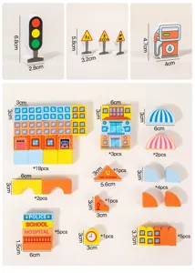 Wooden city traffic building blocks set with various scene components and clear size guide.