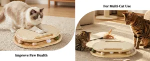 Wooden cat scratching board detail showing interactive track balls and durable sisal mat surface.