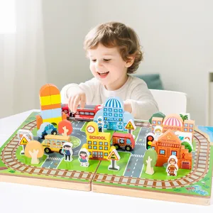 Wooden city railway building block toy set with tracks, vehicles and interactive learning fun.
