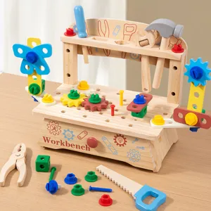 Kids wooden tool workbench educational assembly toy set with screws gears and colorful parts.